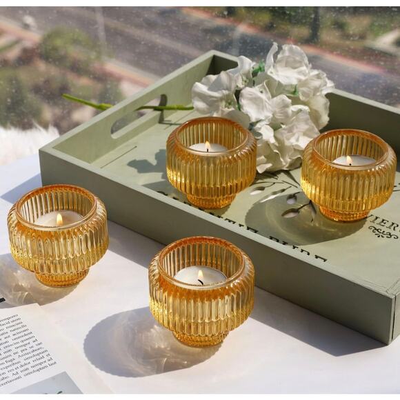 Set of 4 Amber Glass Ribbed Candle Holders – Taper & Tealight Compatible - Picture 5 of 5